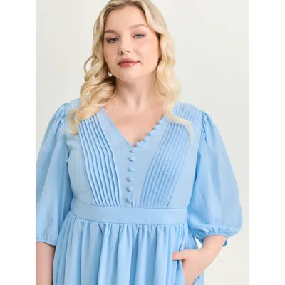 Bloomchic Women's Plus Size Adjustable Bodice Toothpick Pleat Mini Dress Lightblue Knee Elegant Button 14-16/1 In Blue