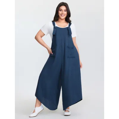 Bloomchic Women's Plus Size Adjustable Curvy Hem Pockets Overall Jumpsuit Aegean Casual 10/m In Blue