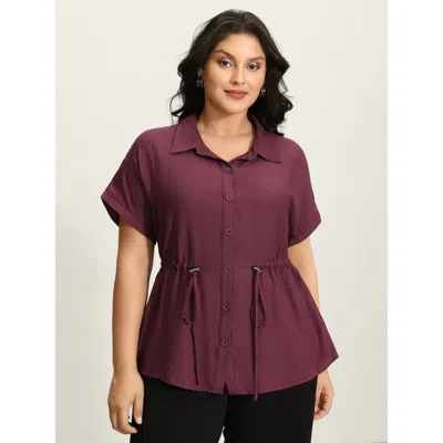 Bloomchic Women's Plus Size Adjustable Drawstring Button-down Shirt Burgundy Office Short Sleeve 18-20/2x