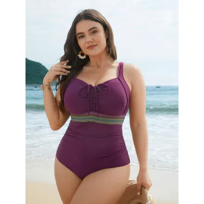 Bloomchic Women's Plus Size Adjustable Drawstring Ruched Contrast Webbing One-piece Swimsuit Deeppurple Non Wo