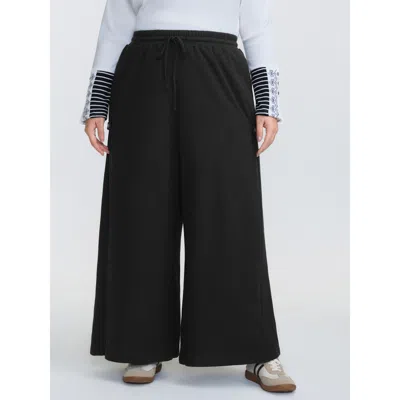 Bloomchic Women's Plus Size Adjustable Drawstring Wide-leg Pants Black Synthetic Texture A-line Adaptive-waist