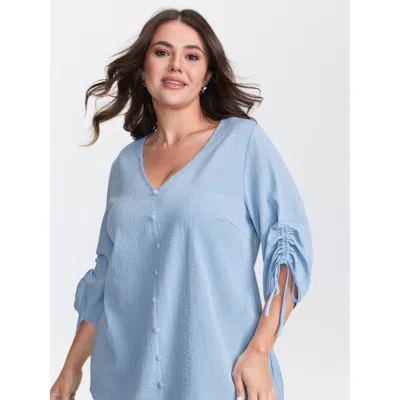 Bloomchic Women's Plus Size Adjustable Gathered Sleeve Button Blouse Lightblue Non Casual 3/4 Sleeve 10/m In Blue