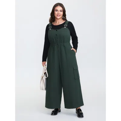 Bloomchic Women's Plus Size Adjustable Overall Shirred Wide-leg Jumpsuit Darkslategray Casual 10/m