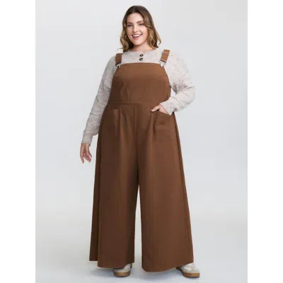 Bloomchic Women's Plus Size Adjustable Overall Strap Wide-leg Jumpsuit Yellowishbrown Casual 12/l
