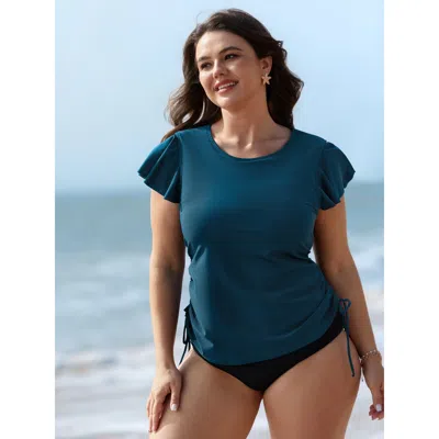 Bloomchic Women's Plus Size Adjustable Side Drawstring Flutter Sleeve Swim Top Indigo Solid Short Sleeve Ruche In Purple