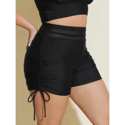 Bloomchic Women's Plus Size Adjustable Side Drawstring Ruched Pockets Swim Bottoms Black Solid Cropped Patchwo