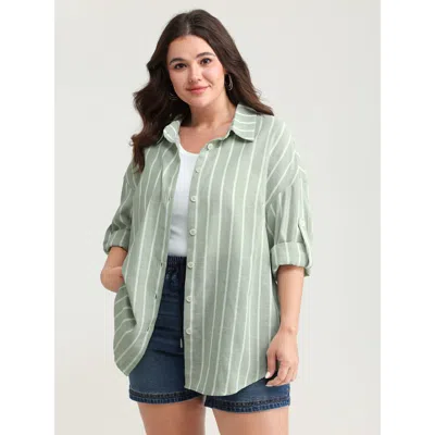 Bloomchic Women's Plus Size Adjustable Tab Sleeve Button-down Shirt Mint Casual Extra Long Sleeve 10/m In Green