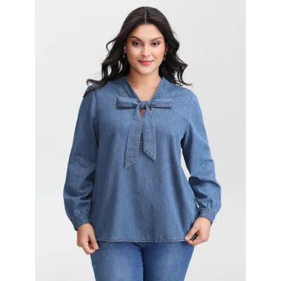 Bloomchic Women's Plus Size Adjustable Tie Collar Denim Top Denimblue Extra Long Sleeve Casual 14-16/1x In Blue
