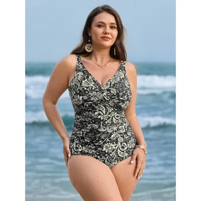 Bloomchic Women's Plus Size Adjustable Tummy-control Boho One-piece Swimsuit Black Bohemian Print Gathered Ada