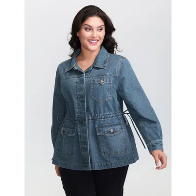 Bloomchic Women's Plus Size Adjustable Waist Drawstring Denim Jacket Bluevintage Casual 18-20/2x