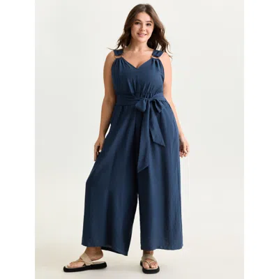 Bloomchic Women's Plus Size Adjustable Waist-tie Overall Jumpsuit Indigo Casual 10/m In Purple