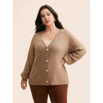 Bloomchic Women's Plus Size Air Cozy Cable Knit Cardigan Wheat Long Sleeve 12/l In Sand