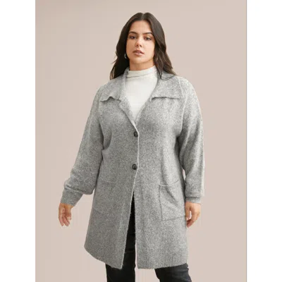 Bloomchic Women's Plus Size Airy Cozy Lapel Collar Pocket Wool Cardigan Lightgray Long Sleeve 10/m In Gray
