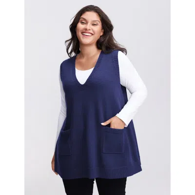 Bloomchic Women's Plus Size A-line Pockets V-neck Pullover Navy Not Graphics Sleeveless V-neck 10/m In Blue