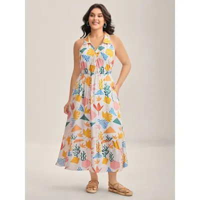 Bloomchic Women's Plus Size All About Sea Stretchy Waist Midi Dress Multicolor Geometric Maxi Vacation 18-20/2