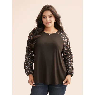 Bloomchic Women's Plus Size Allover Print Patchwork Raglan Sleeve T-shirt Darkbrown Non Everyday Extra Long Sl In Brown