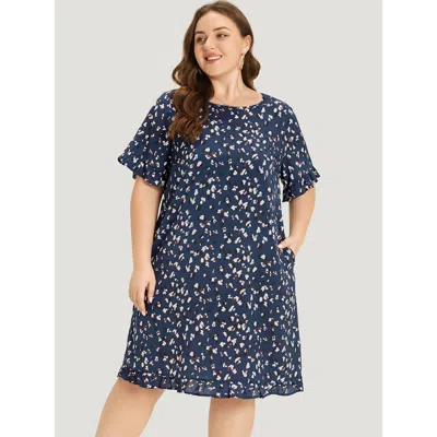 Bloomchic Women's Plus Size Allover Print Pocket Flutter Trim Dress Darkblue Dailywear Pocket 26/4x In Blue
