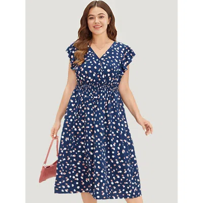 Bloomchic Women's Plus Size Allover Print Pocket Wrap Flutter Cap Sleeve Dress Darkblue Office Wrap / Overlap  In Blue