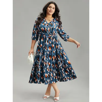 Bloomchic Women's Plus Size Allover Print Ruffle Layered Hem Wrap Belted Dress Cerulean Office Elastic Cuffs 2 In Blue