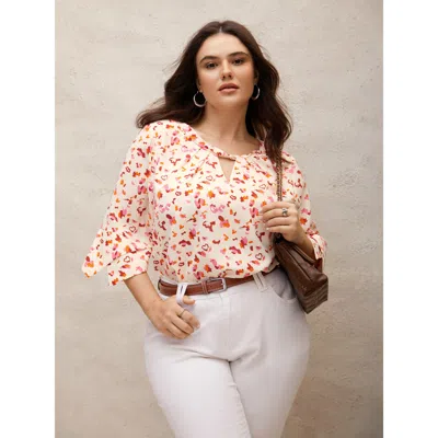 Bloomchic Women's Plus Size Allover Print Ruffle Sleeve Keyhole Blouse Multicolor Synthetic Texture Office 3/4