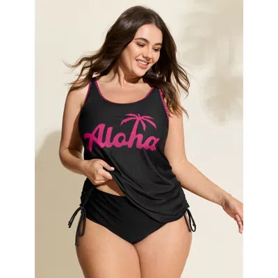 Bloomchic Women's Plus Size Aloha Holidays Embroidered Swim Top Black Tropical Sleeveless Embroidered Adjustab