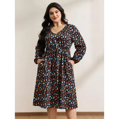 Bloomchic Women's Plus Size Alphabetical Print Drawstring Adjustable Waist Midi Dress Black Letter Midi Office
