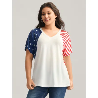 Bloomchic Women's Plus Size American Flag Print V-neck T-shirt Whitesmoke Star & Moon Casual Short Sleeve V-ne