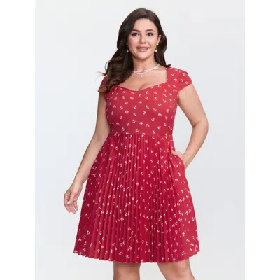 Bloomchic Women's Plus Size Anchor Pattern Pleated Sweetheart Neckline Mini Dress Crimson Marine Elements Shor In Red