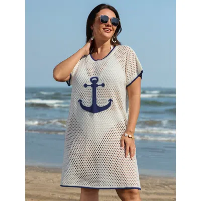 Bloomchic Women's Plus Size Anchor Print Jacquard Color Contrast Swim Cover-up Ivory Half Sleeve 22-24/3x In White