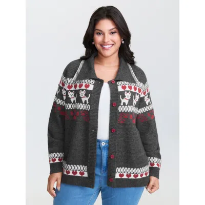 Bloomchic Women's Plus Size Animal Print Jacquard Polo Collar Knit Cardigan Dimgray Long Sleeve 12/l