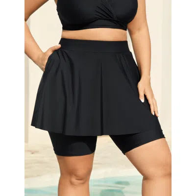 Bloomchic Women's Plus Size Anti Float Ties Pockets Swim Shorts Black Solid Short Tiered Elastic Waist 10/m