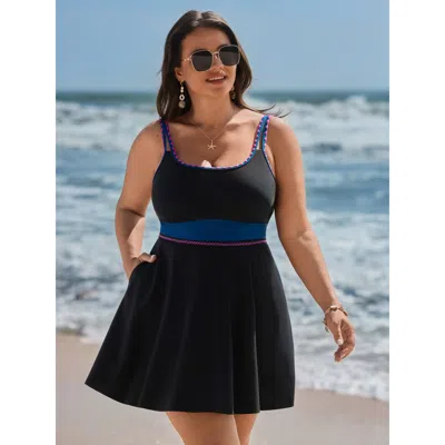 Bloomchic Women's Plus Size Anti-float Tie Lace Pockets Swim Dress Black Non Colorblock Anti-float Ties 12/l