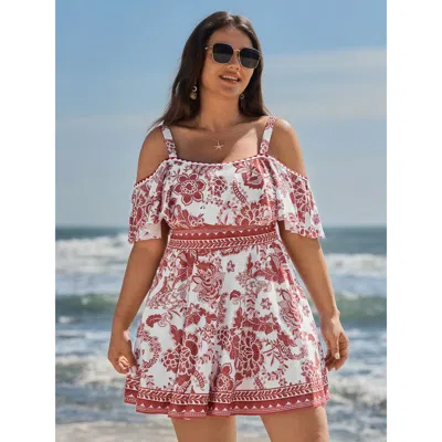 Bloomchic Women's Plus Size Anti-float Tie Off-shoulder Swim Dress Russet Floral Anti-float Ties 12/l In Brown