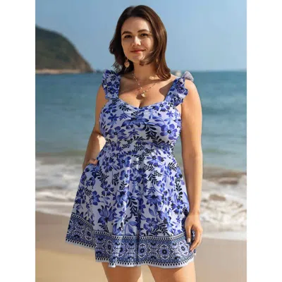 Bloomchic Women's Plus Size Anti-float Tie Ruffled Pockets Swim Dress Mediumblue Floral Ruffles Anti-float Tie