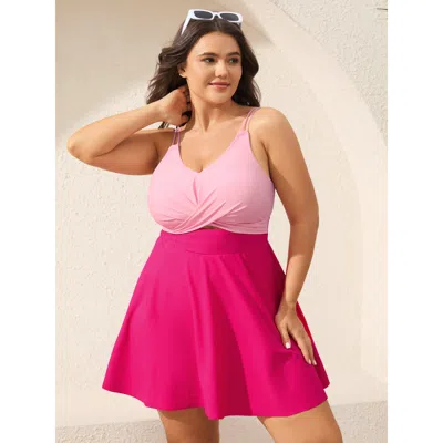 Bloomchic Women's Plus Size Anti-float Ties Cut-out Swim Dress Rosered Geometric Twist Anti-float Ties 10/m
