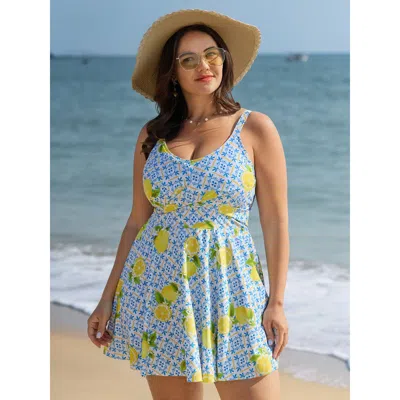 Bloomchic Women's Plus Size Anti-float Ties Lemon Print Swim Dress Skyblue Fruit And Vegetable Print Anti-floa In Blue