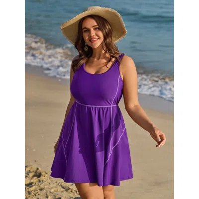 Bloomchic Women's Plus Size Anti-float Ties Scoop Neck Swim Dress Blueviolet Non Anti-float Ties 18-20/2x
