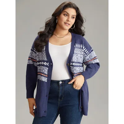 Bloomchic Women's Plus Size Anti-pilling Bandana Print Open Front Cardigan Midnight Long Sleeve 12/l In Blue