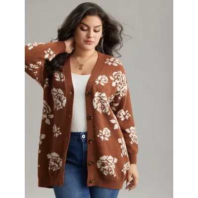 Bloomchic Women's Plus Size Anti-pilling Floral Print Drop Shoulder Cardigan Chocolate Long Sleeve 28/5x In Brown