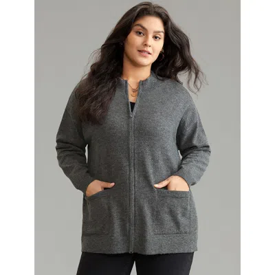 Bloomchic Women's Plus Size Anti-pilling Zipper Fly Patched Pocket Cardigan Dimgray Long Sleeve 14-16/1x