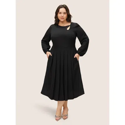 Bloomchic Women's Plus Size Anti-wrinkle Asymmetrical Neck Keyhole Pleated Hem Dress Black Non Midi Office Non