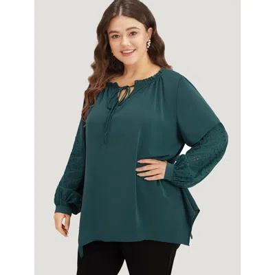 Bloomchic Women's Plus Size Anti-wrinkle Broderie Anglaise Knot Neck Frill Trim Lantern Sleeve Blouse Darkgree In Green