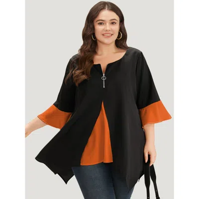 Bloomchic Women's Plus Size Anti-wrinkle Contrast Zip Up Flutter Sleeve Hanky Hem Blouse Chocolate Office Half In Brown