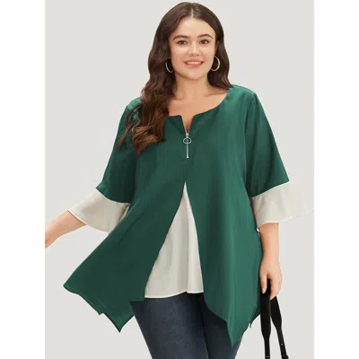 Bloomchic Women's Plus Size Anti-wrinkle Contrast Zip Up Flutter Sleeve Hanky Hem Blouse Darkgreen Office Half In Green