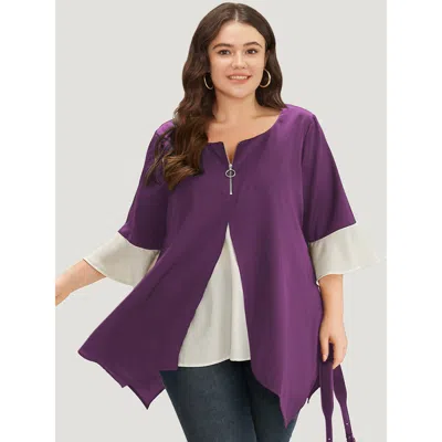 Bloomchic Women's Plus Size Anti-wrinkle Contrast Zip Up Flutter Sleeve Hanky Hem Blouse Purple Office Half Sl