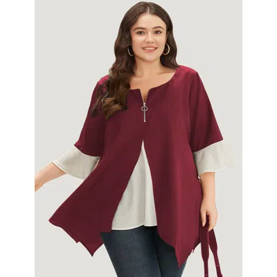 Bloomchic Women's Plus Size Anti-wrinkle Contrast Zip Up Flutter Sleeve Hanky Hem Blouse Scarlet Office Half S In Red