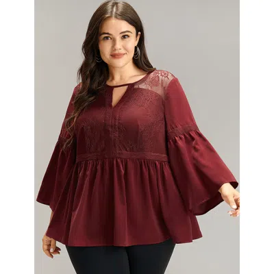 Bloomchic Women's Plus Size Anti-wrinkle Keyhole Crochet Lace Mesh Ruffles Blouse Burgundy Dailywear Long Slee