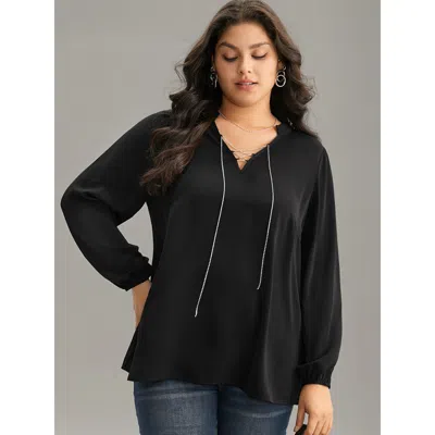 Bloomchic Women's Plus Size Anti-wrinkle Lace Up Chain Detail Lantern Sleeve Blouse Black Party Long Sleeve 12