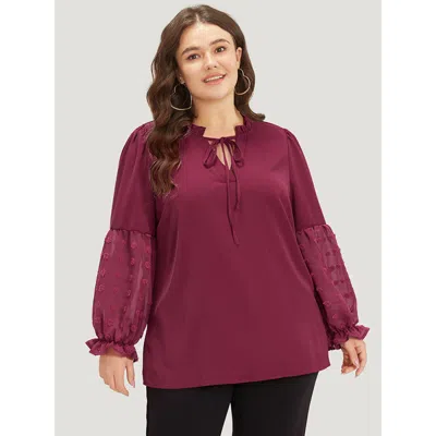 Bloomchic Women's Plus Size Anti-wrinkle Plain Knot Neck Frill Trim Lantern Sleeve Blouse Purple Everyday Long
