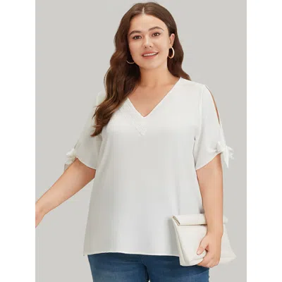 Bloomchic Women's Plus Size Anti-wrinkle Plain Lace Cut Out Knot Sleeve Blouse Ivory Office Short Sleeve 10/m In White